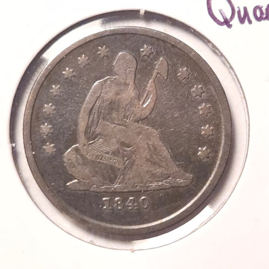 1840-O Seated Liberty Quarter Ungraded Very Good  With Drapery