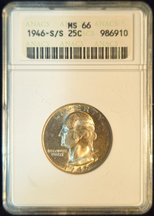 1946-S/S Washington Quarter ANACS MS66 RPM FS-501 Repunched Mintmark in Soapbox Holder