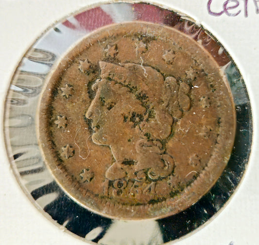 1854 Braided Hair Large Cent Ungraded Good