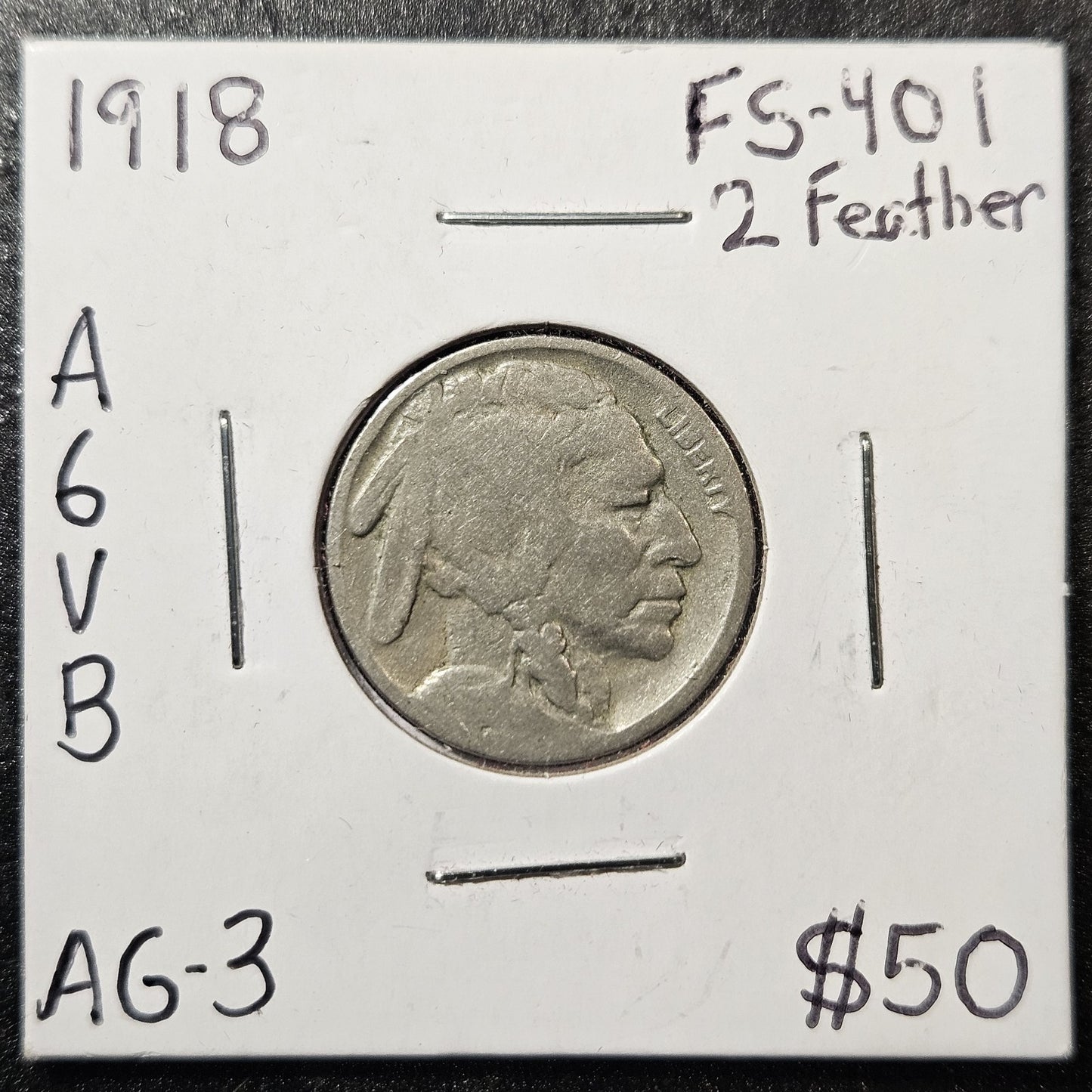 1918 Buffalo Nickel 2 Feather FS-401 Variety Almost Good (A6VB)