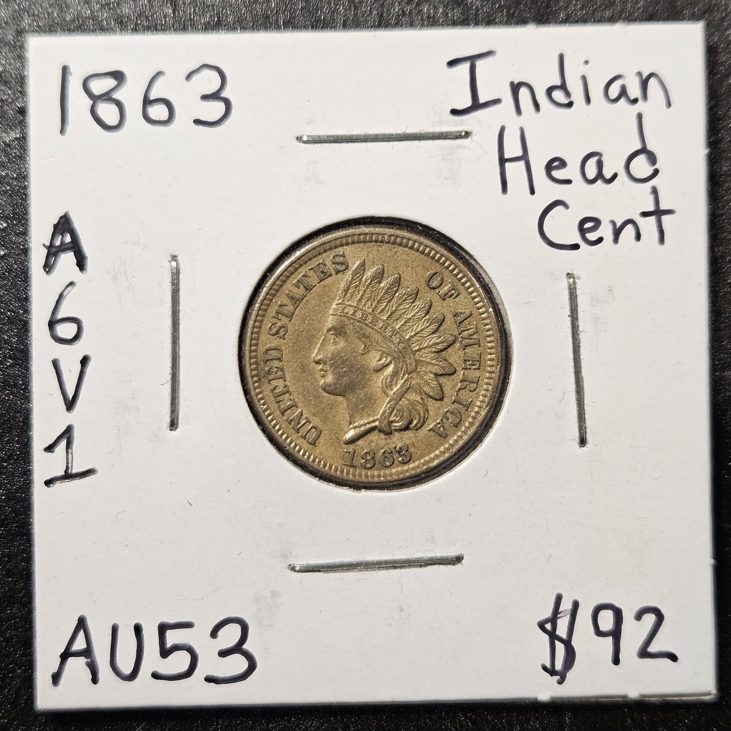 1863 Indian Head Cent Penny Almost Uncirculated (A6V1)