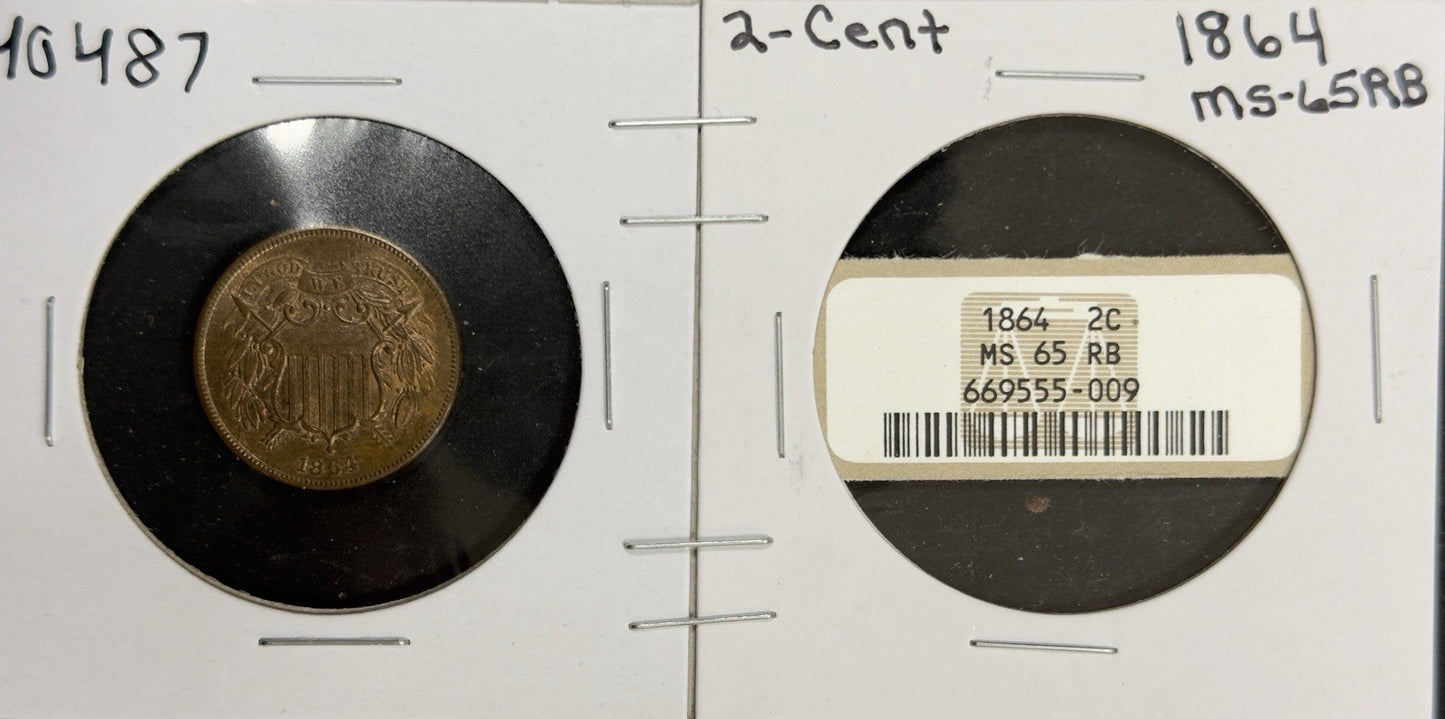1864 2 Cent Piece Large Motto - Mint State RB *Crackout* ( 40487 )