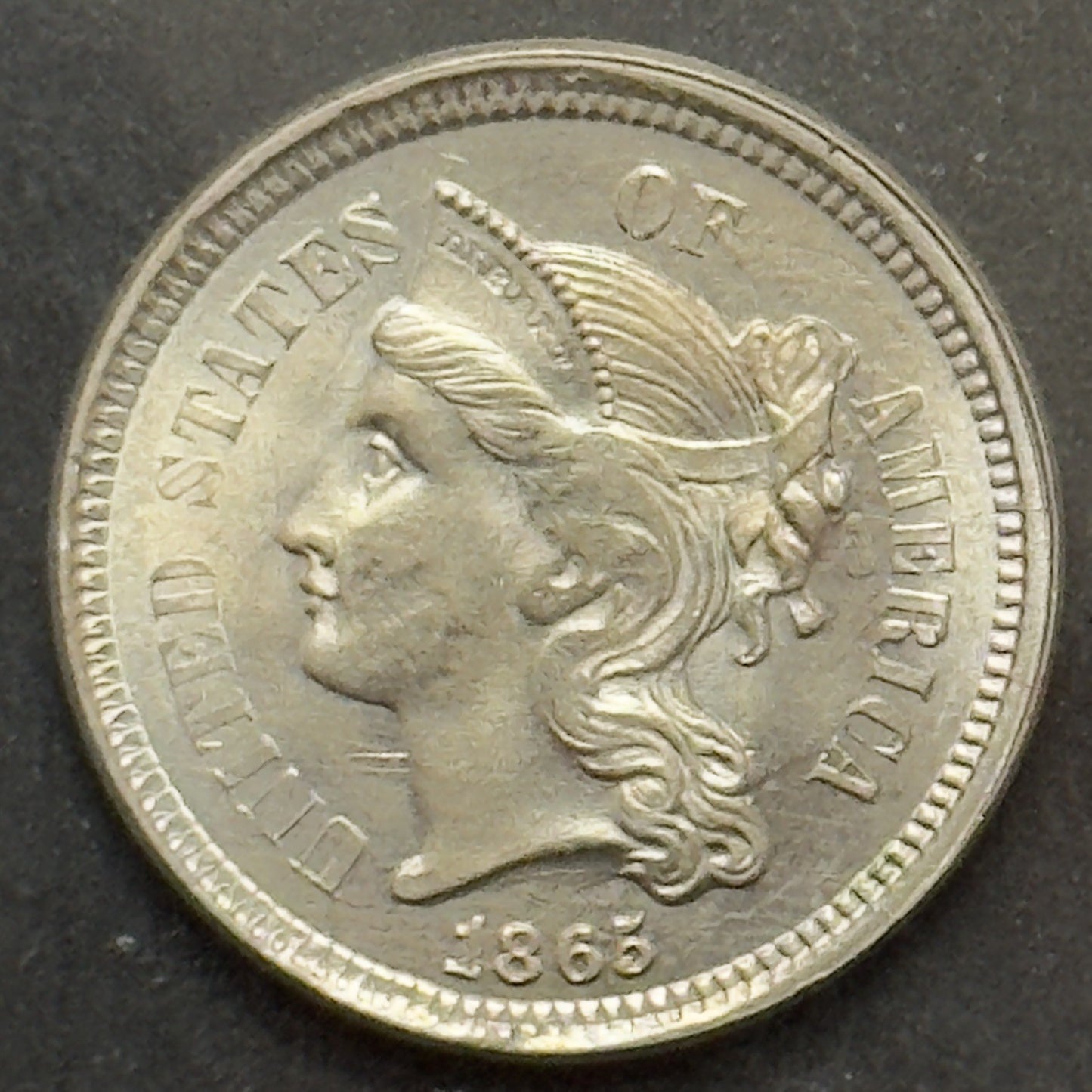 1865 3 Cent Nickel - Mint State *Crackout* ( 40489 )