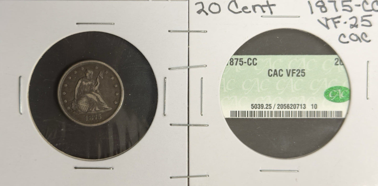 1875 CC Twenty Cent Piece - Very Fine *Crackout* ( 40476 )