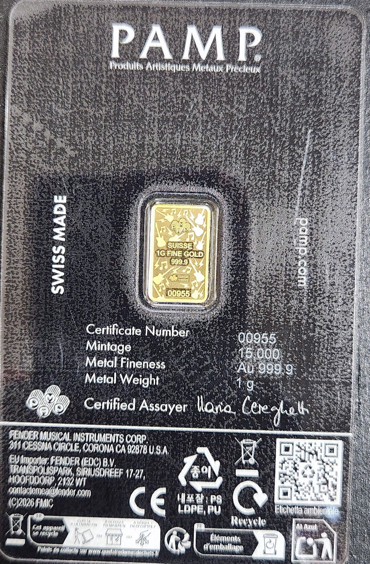 Fender 80th Anniversary Edition PAMP Suisse 1 Gram 999.9 Fine Gold Bar EVNN — Reverse