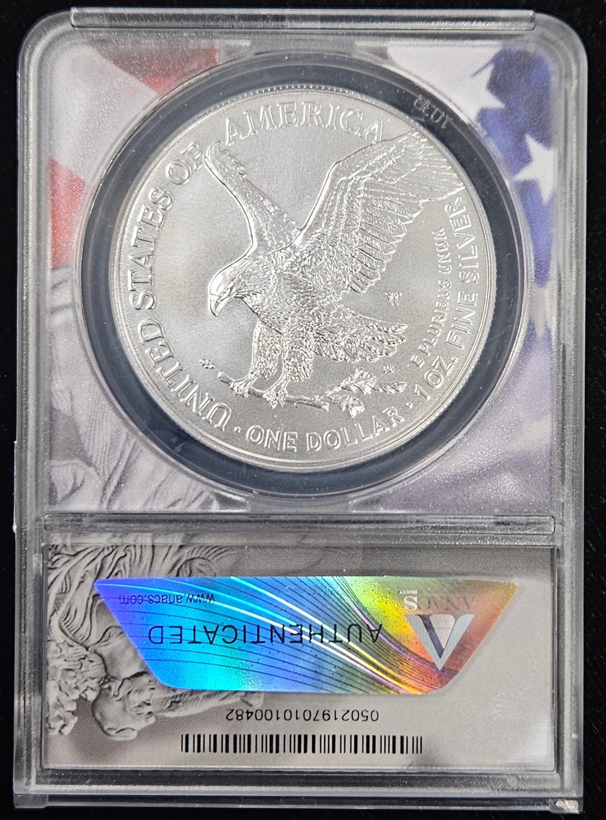 2023-W Silver Eagle Burnished ANACS SP70 First Strike — Reverse