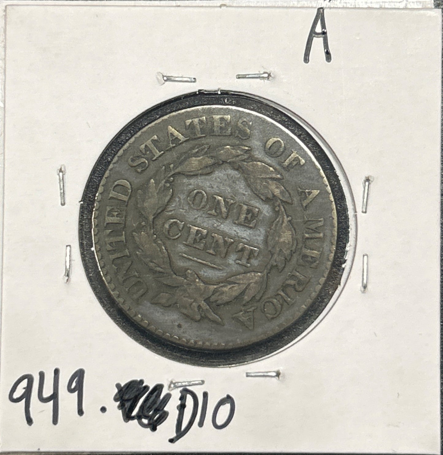 1828 Sm Wide Date Coronet head cent DVG-10 949.D10 — Reverse