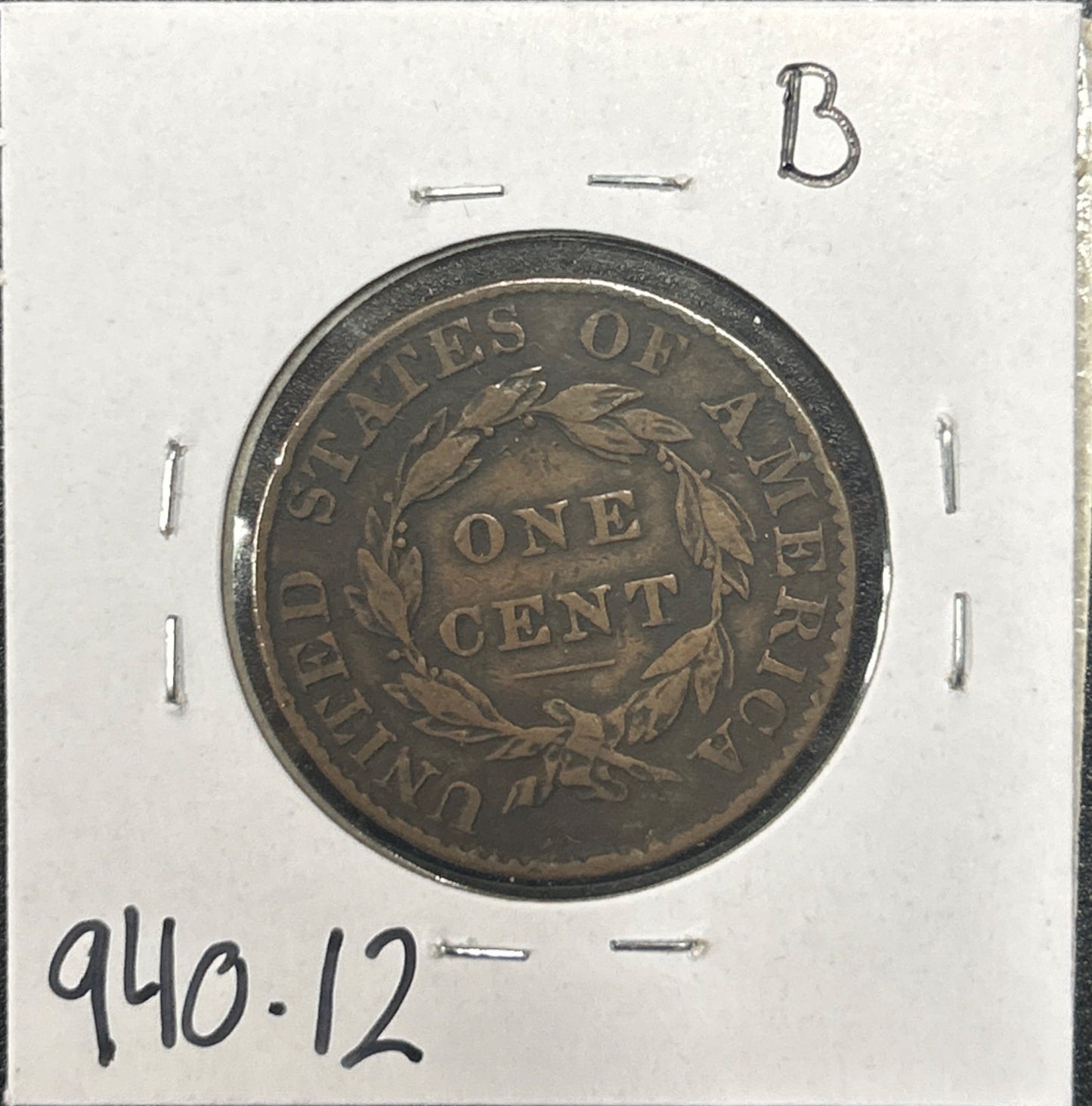 1827 Coronet head cent F-12 940.12 — Reverse