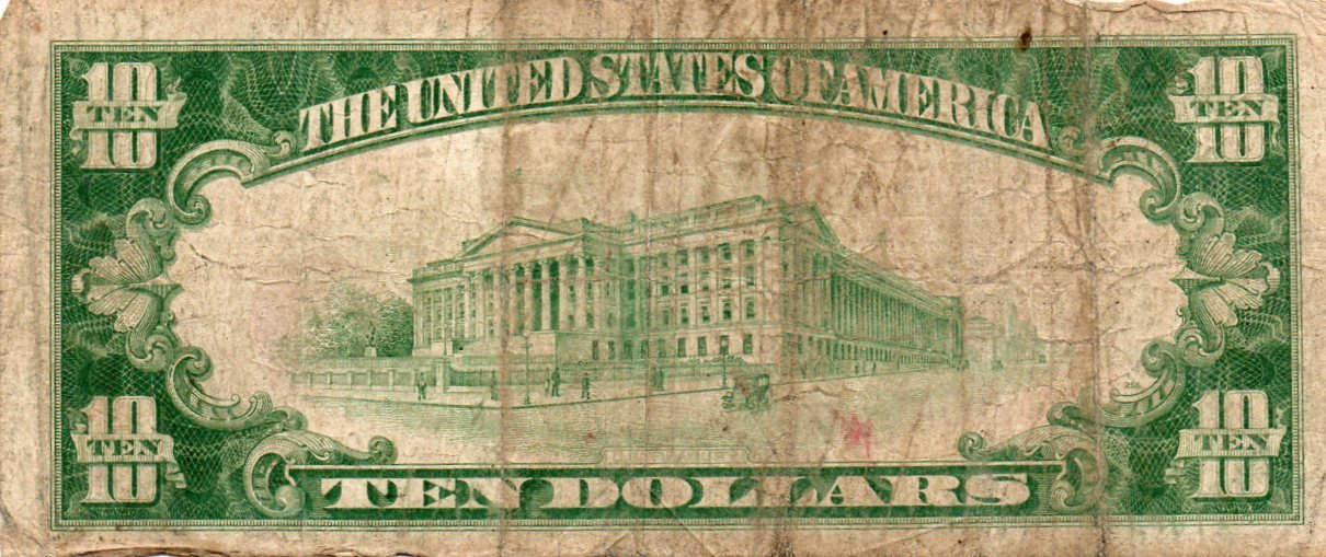 1929 $10 Type 1 National Bank Note Fr. 1801-1 – Commercial National Bank Of High Point, NC – Charter 4568 KDN6 — Reverse