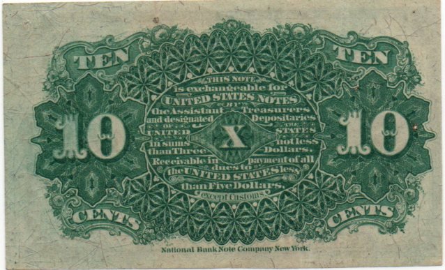 10¢ Fourth Issue Fractional Currency Fr. 1259 – Bust Of Liberty Note YKX5 — Reverse