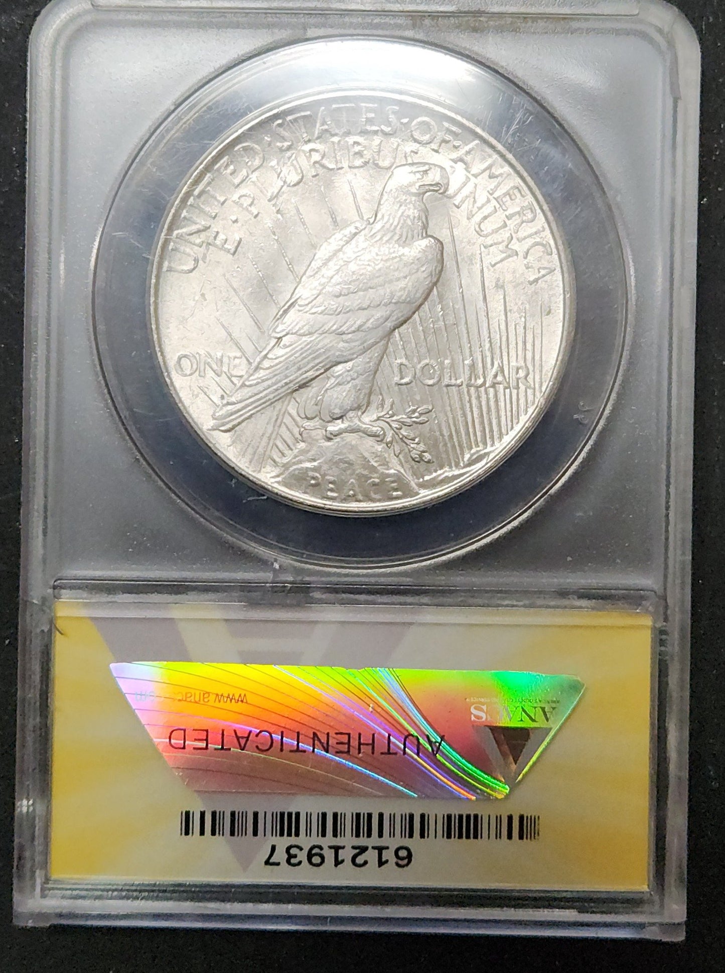 1922 Peace Dollar MS 62 ANACS 7889.62-00735762061219371100 — Reverse