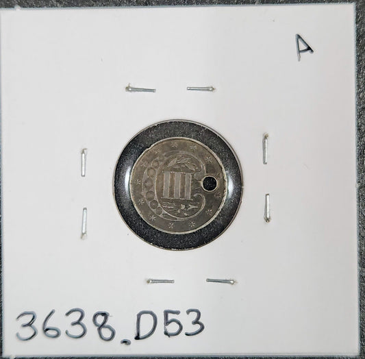 1871 3 Cent Silver AU Details-Holed KEY DATE 3,400 MINTAGE 3638.D53-A — Reverse