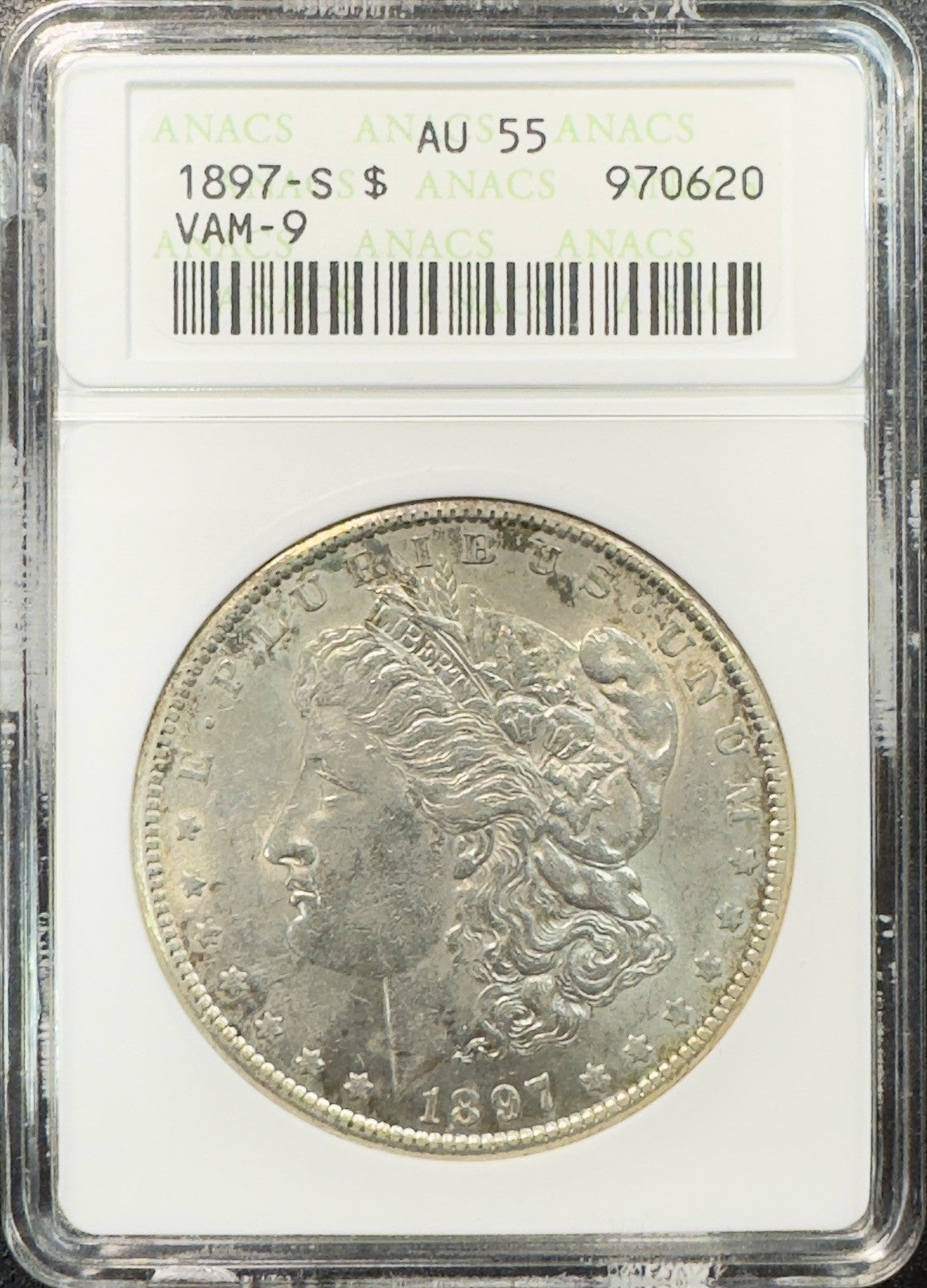 1897 S Morgan Dollar- ANACS Soap Box AU55 ( 40309 )
