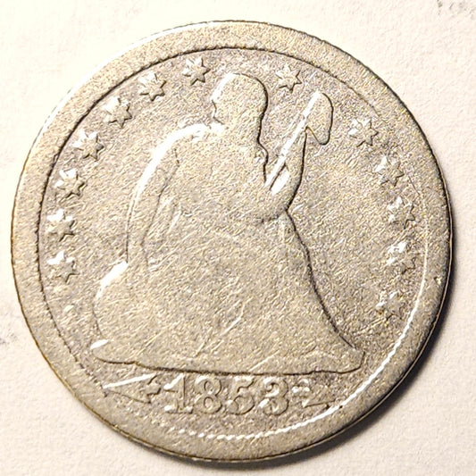1853-O Seated Liberty Quarter Ungraded Details – Very Good  Cleaned
