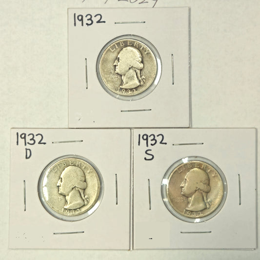 1932 P-D-S Washington Quarters 3 Coin Key Date Set!! Great Affordable Options for your collection!!