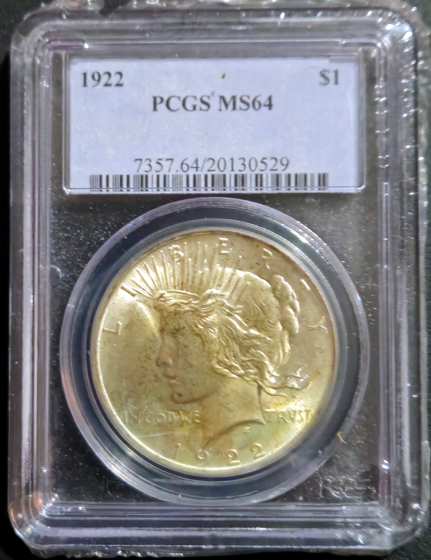 1922 Peace SILVER DOLLAR PCGS Certified MS 64 Toned