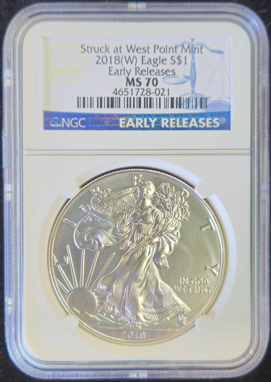 2018-(W) American Silver Eagle Silver Dollar NGC MS70  Struck at West Point Mint!!! Early Releases!!
