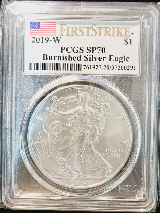 2019-W American Silver Eagle Silver Dollar PCGS SP70  Burnished