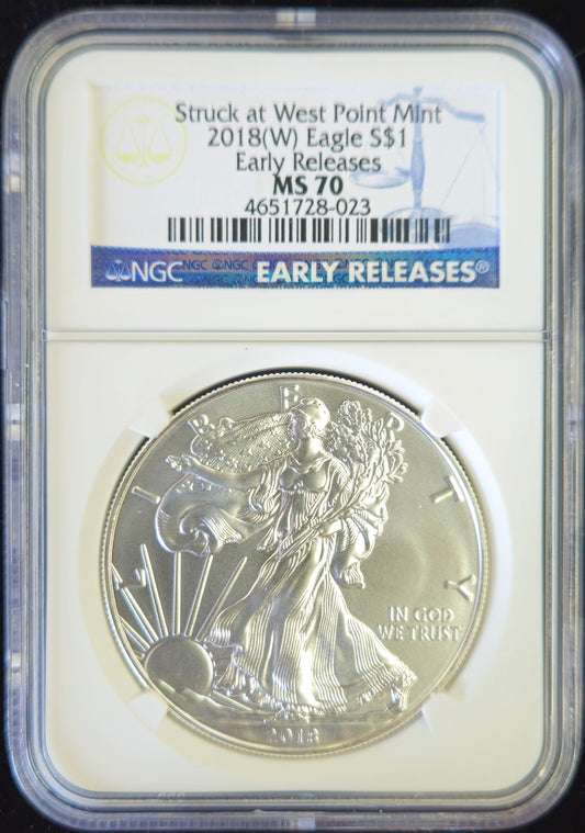 2018-(W) American Silver Eagle Silver Dollar NGC MS70  Struck at West Point Mint!!! Early Releases!!