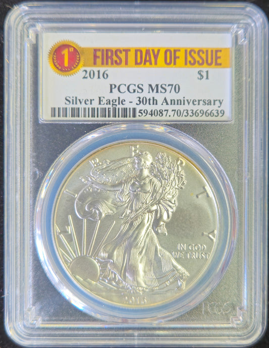 2016-P American Silver Eagle Silver Dollar PCGS MS70  First Day of Issue!!! 30th Anniversary