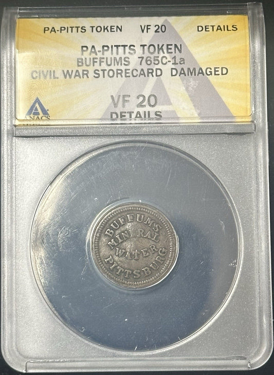 PA-PITTS TOKEN BUFFUMS 765C-1a Civil War Storecard ANACS Vf 20 Damaged - JP 16