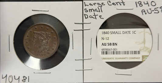 1840 Braided Hair Large Cent Small Date - Almost Uncirculated *Crackout* (40481)