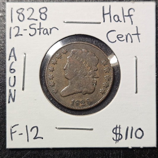 1828 Half Cent 12 Star Classic Head Fine (A6UN)