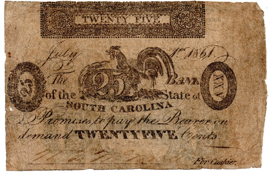 1861 Bank of the State South Carolina 25 Cents Obsolete Currency SC195-325 B1170