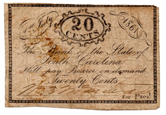 1861 State Bank of South Carolina 20 Cents Obsolete Currency B1167