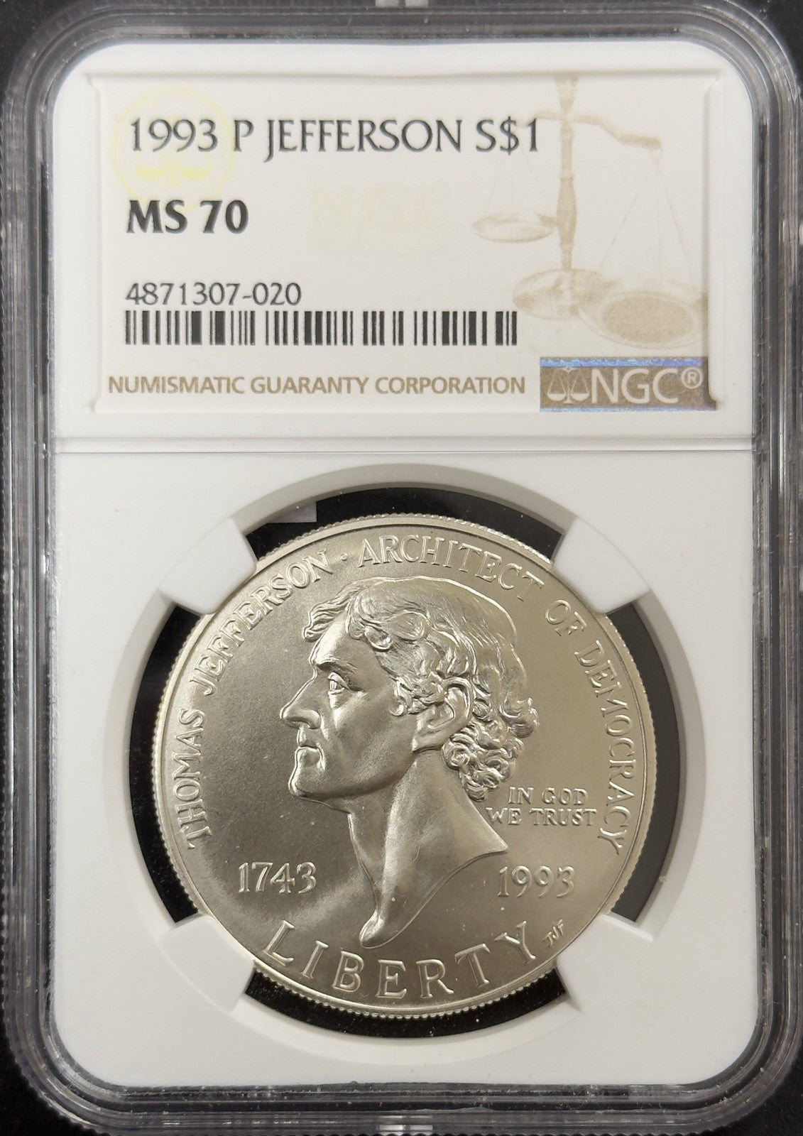 1993 P Jefferson 250th Anniversary Of Birth Commemorative - NGC MS70 ( 40618 )