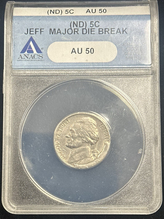 Jefferson Nickel ERROR Major Die Break ANACS AU50 - JP71