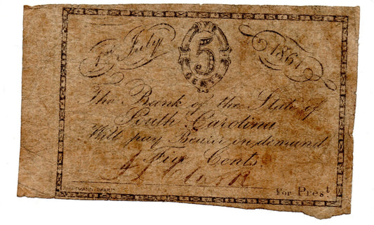 1861 State Bank of South Carolina Obsolete Currency 5-Cents SC195-205 R-4 B1165