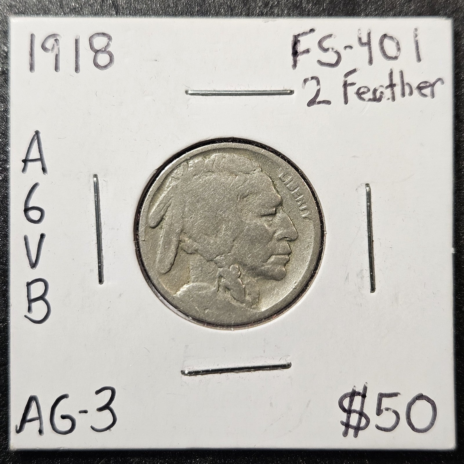 1918 Buffalo Nickel 2 Feather FS-401 Variety Almost Good (A6VB)