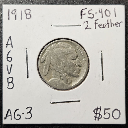 1918 Buffalo Nickel 2 Feather FS-401 Variety Almost Good (A6VB)