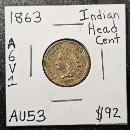 1863 Indian Head Cent Penny Almost Uncirculated (A6V1)