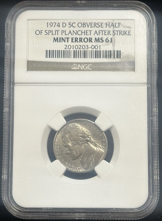 1974 D Jefferson Nickel Obverse Half Of Split Planchet After Strike NGC MS61 