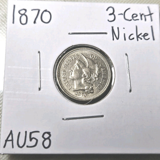 1870 3-Cent Nickel Almost Uncirculated B1077