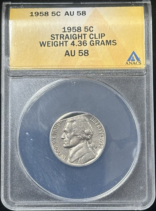 1958 Jefferson Nickel ERROR Straight Clip Weight 4.36 Grams ANACS AU58 JP116