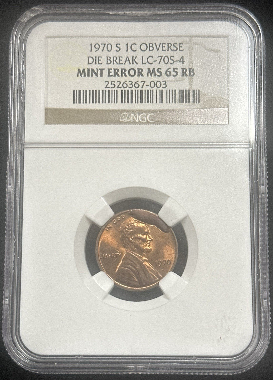 1970 S Lincoln Cent Die Break LC-70S-4 Mint Error MS65 RB