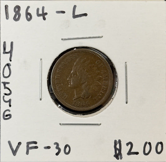 1864 Indian Head Cent L On Ribbon - Very Fine ( 40546 )
