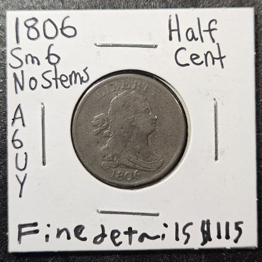 1806 Draped Bust Half Cent Small 6 No Stems Fine Details (A6UY)