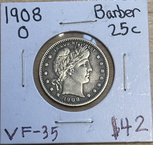 1908 O Barber Quarter Dollar - Very Fine - JP155