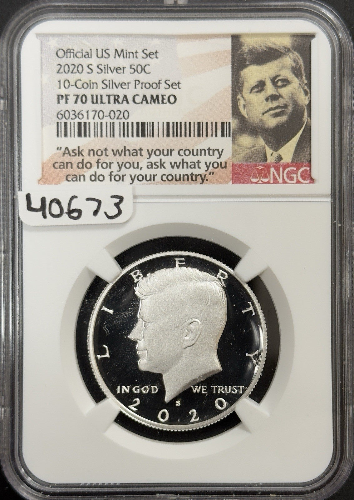 2020 S Kennedy Silver Half Dollar- NGC PF70 Ultra Cameo ( 40673 ) 