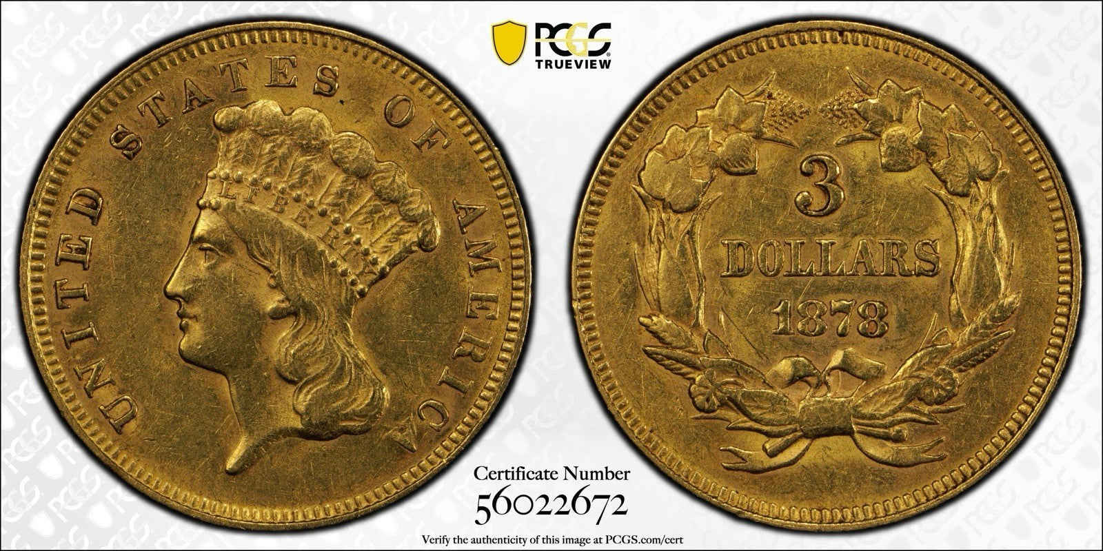 1878 $3 Gold Princess  PCGS AU55 A6U4