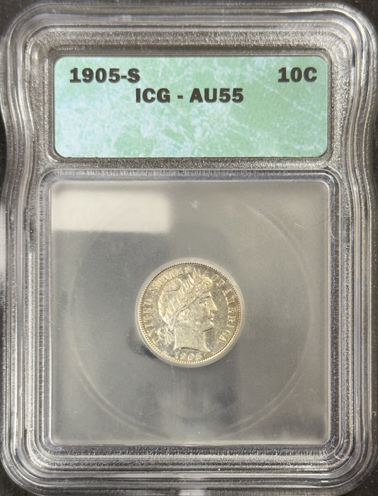 1905 S Barber Dime - ICG AU55 ( 40809 )