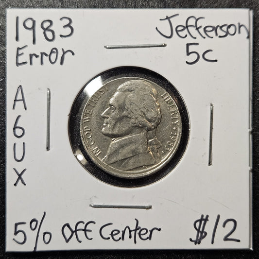 1983 Jefferson Nickel Off Center Error (A6UX)