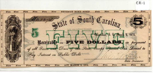1872 South Carolina Revenue Scrip Bond 5 Dollars Columbia UNC CR-1 PMB1134