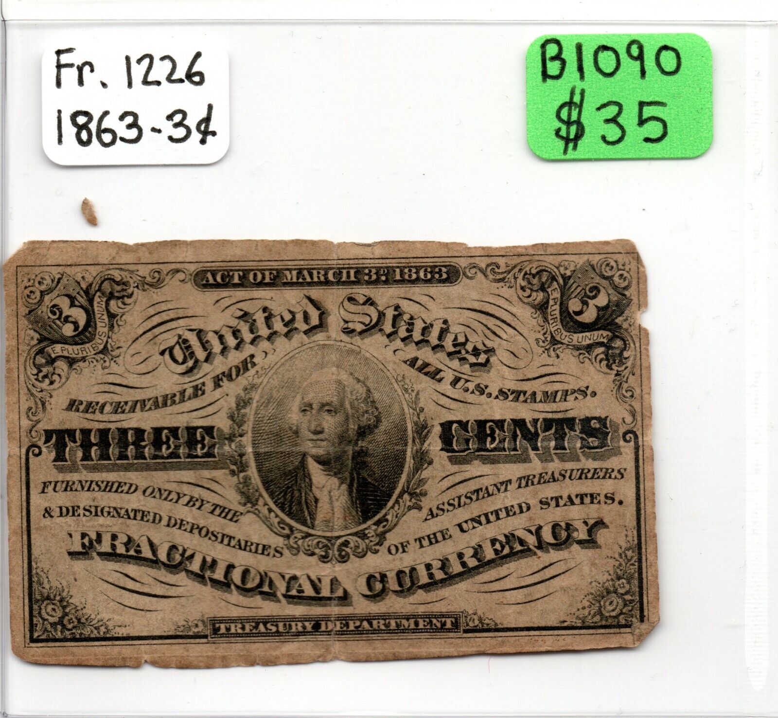 1863 3-Cent Fractional Currency Receivable for all US Stamps B1090