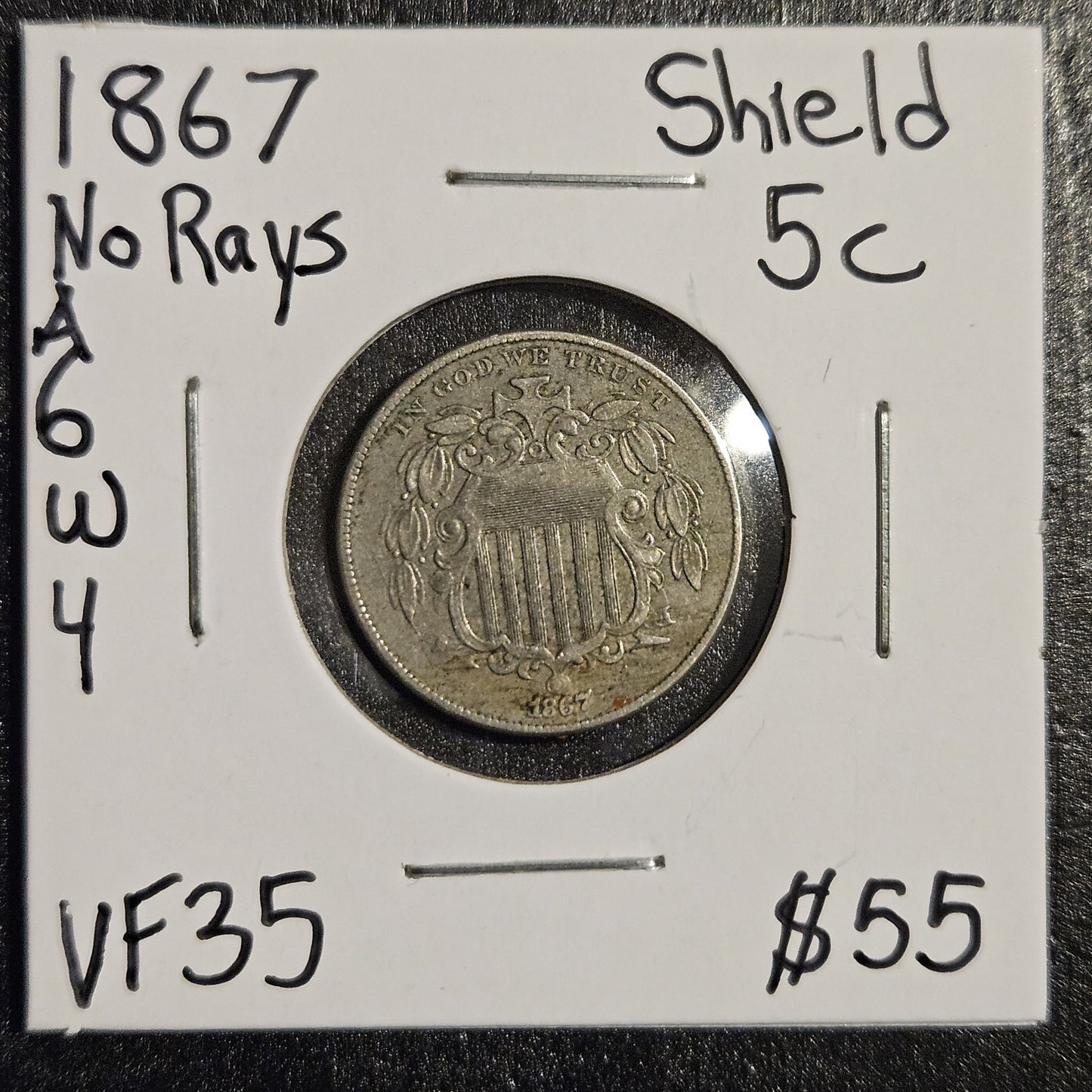 1867 Shield Nickel No Rays Very Fine (A6W4)