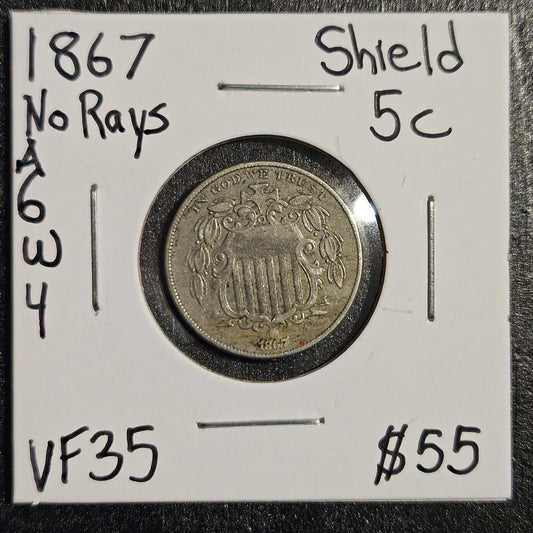 1867 Shield Nickel No Rays Very Fine (A6W4)
